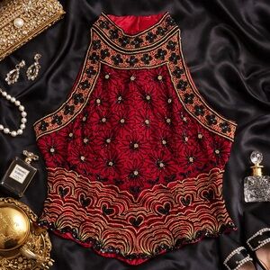 Vintage Papell Boutique Evening Red Silk Beaded Art Deco Gatsby Halter Top